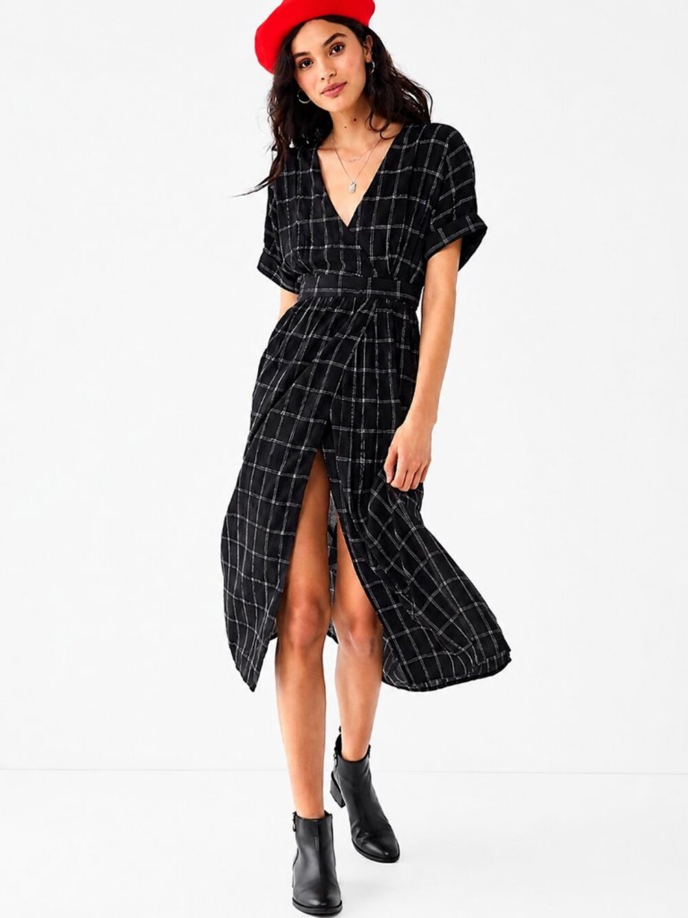 Urban Outfitters UO Gabrielle Black and White Grid Check Plaid Wrap Midi Dress S